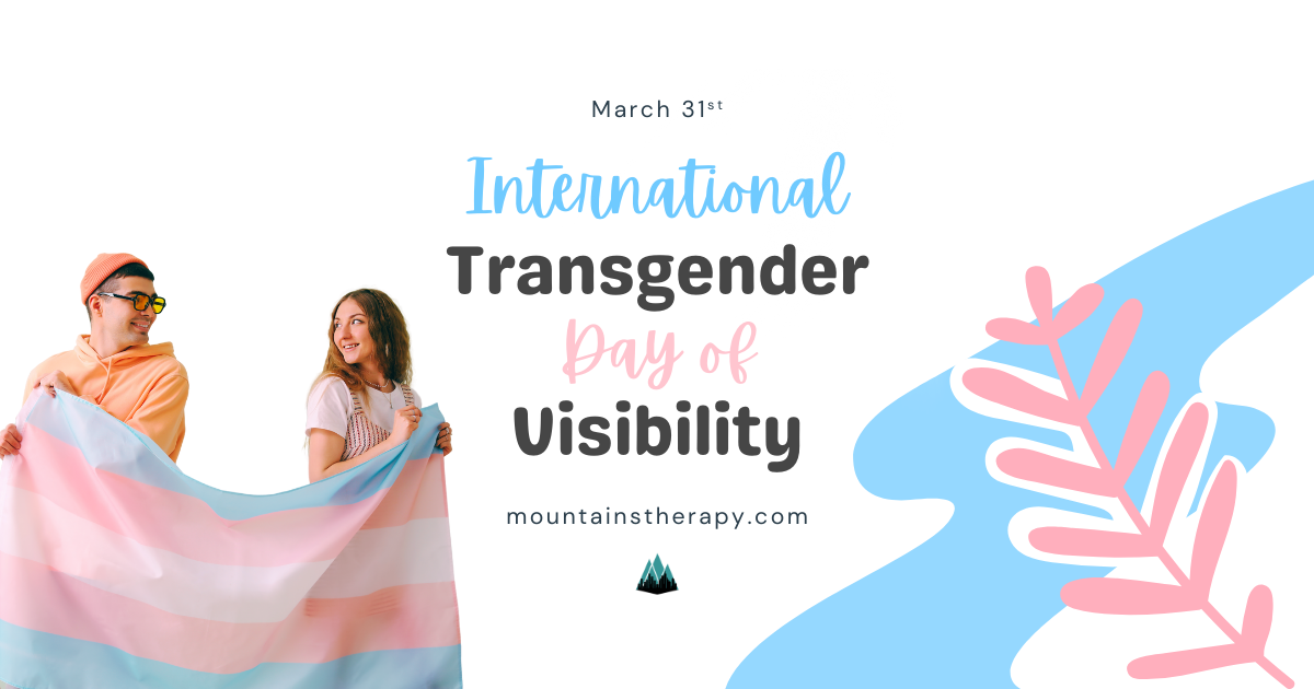 Two people holding a transgender flag; text reads