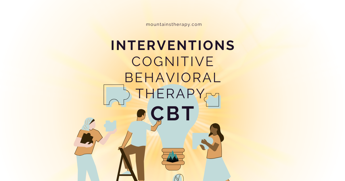 People assembling CBT (Cognitive Behavioral Therapy) puzzle, with a lightbulb illustration at the center.