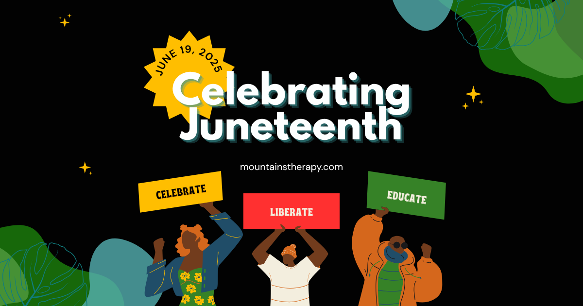 People holding signs, celebrating Juneteenth. Black background with sun.
