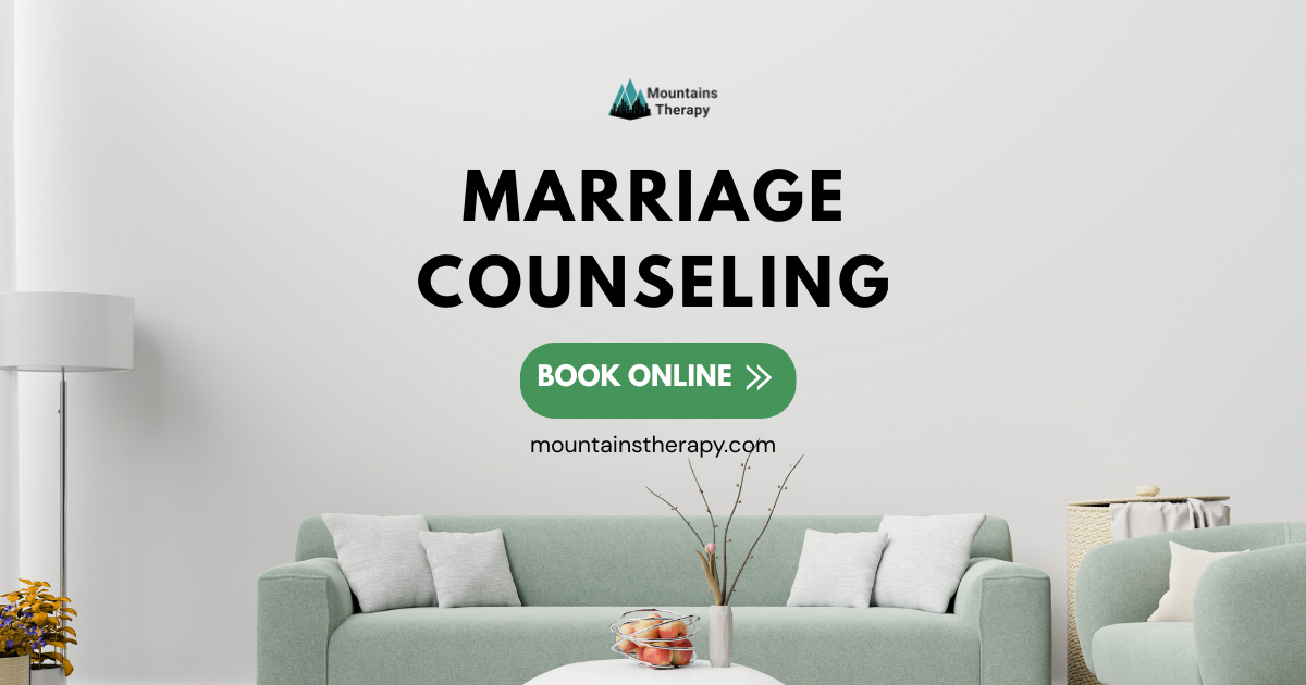Marriage counseling advertisement with a teal couch in a white living room.