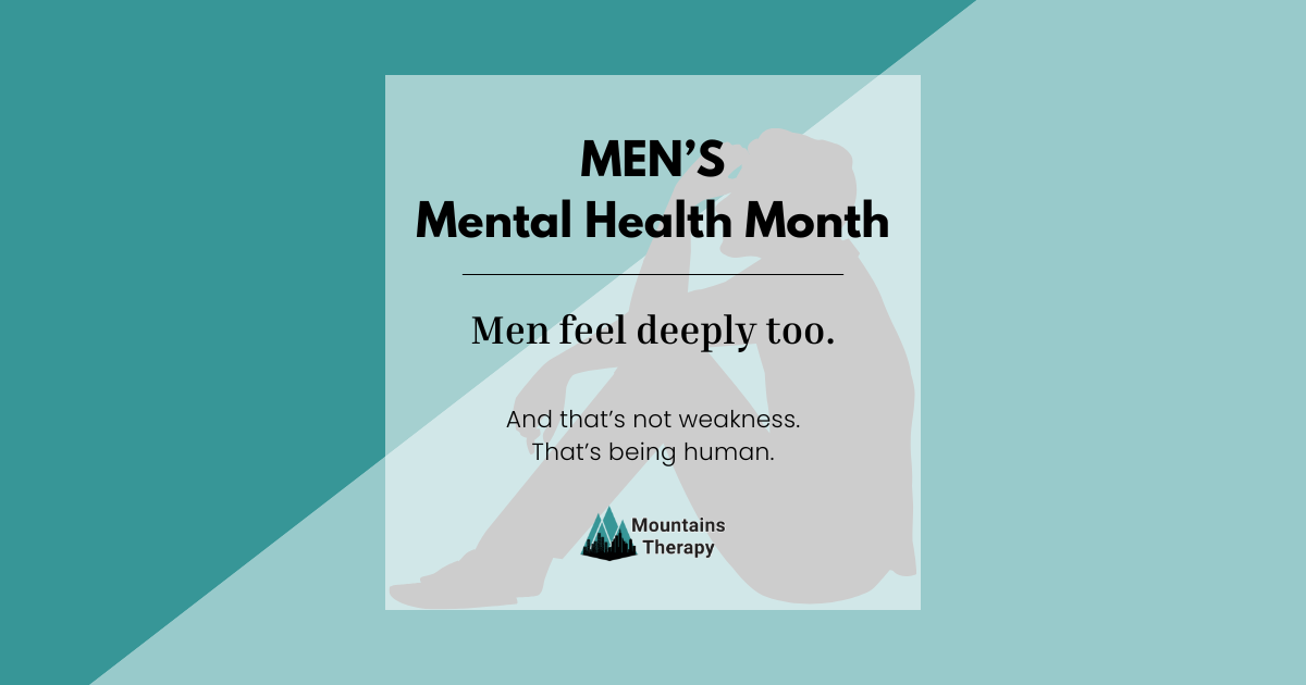 Men's Mental Health Month: Graphic with a silhouette of a man, text promoting mental health for men.