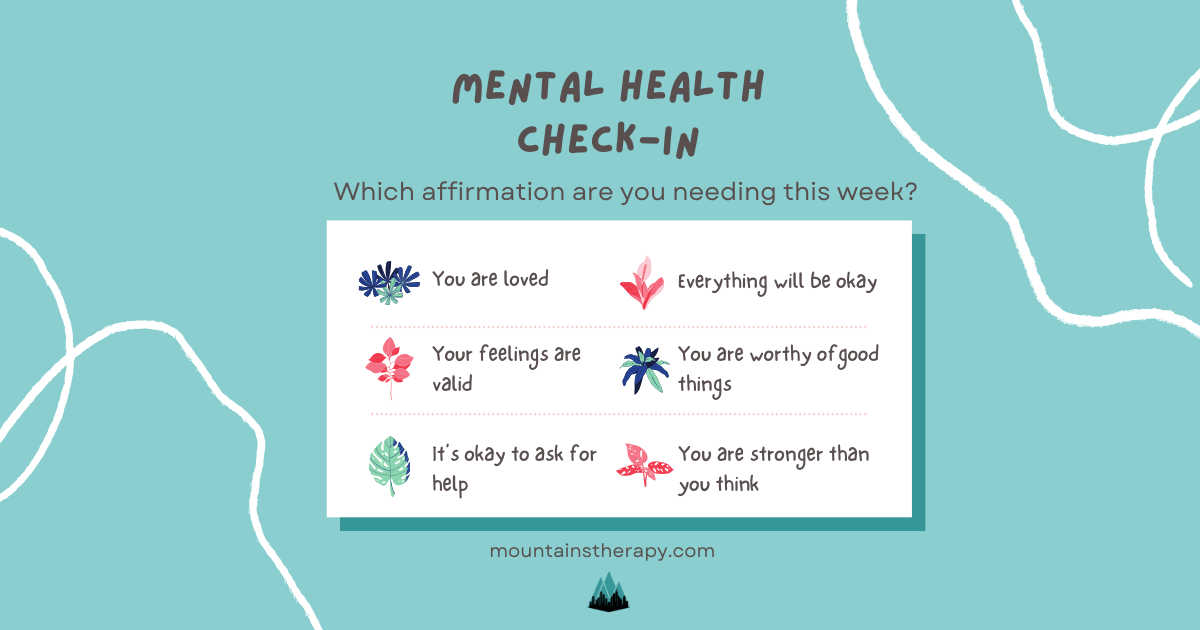 Mental health check-in graphic with affirmations in different colors on a blue background.