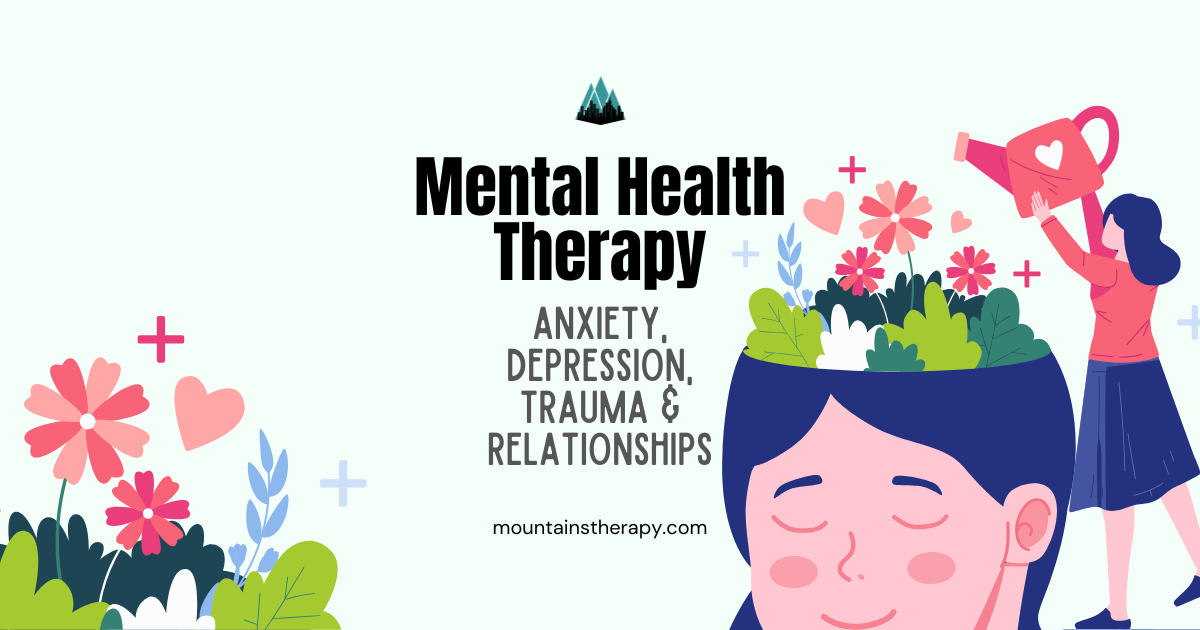 Woman's head with flowers inside; another waters her. Text: Mental Health Therapy