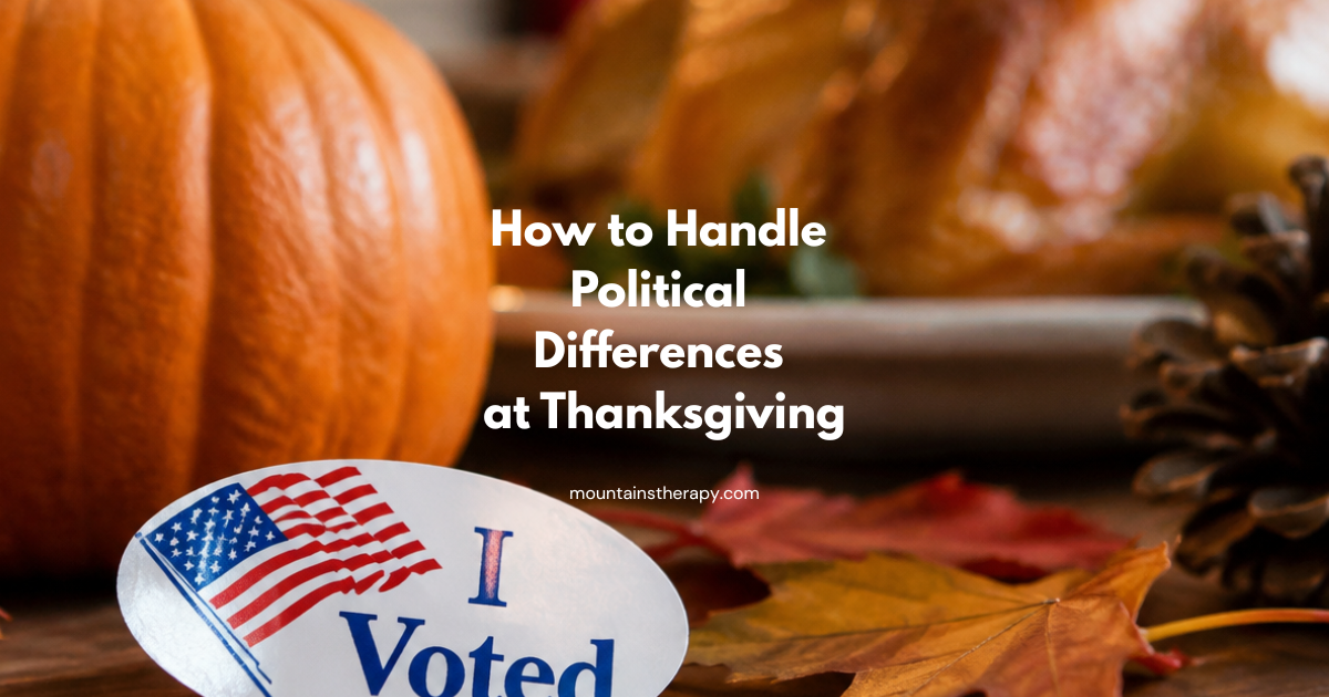 Fall Thanksgiving table with “How to Handle Political Differences at Thanksgiving” text and “I Voted” sticker