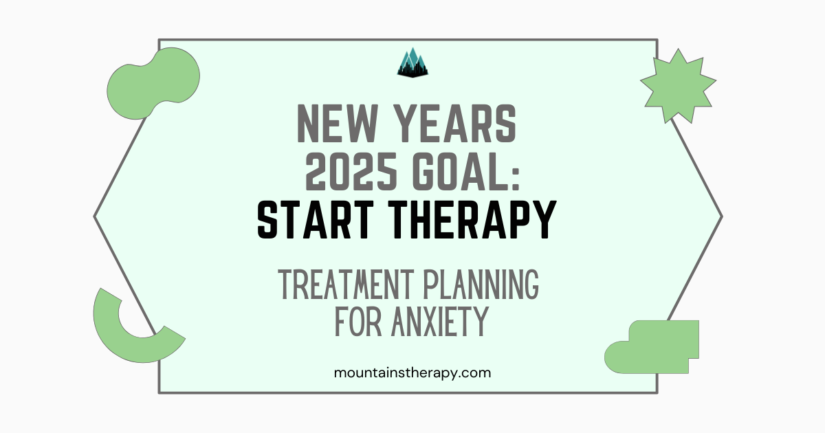 Graphic: New Year's goal, start therapy. Text: Treatment planning for anxiety. Pale green with shapes, dark text.