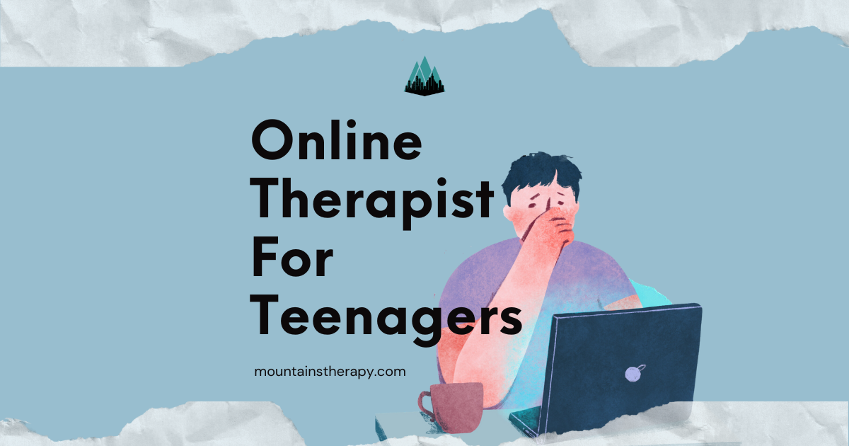 Online therapist for teenagers: person at laptop, looking stressed, cup, blue background.