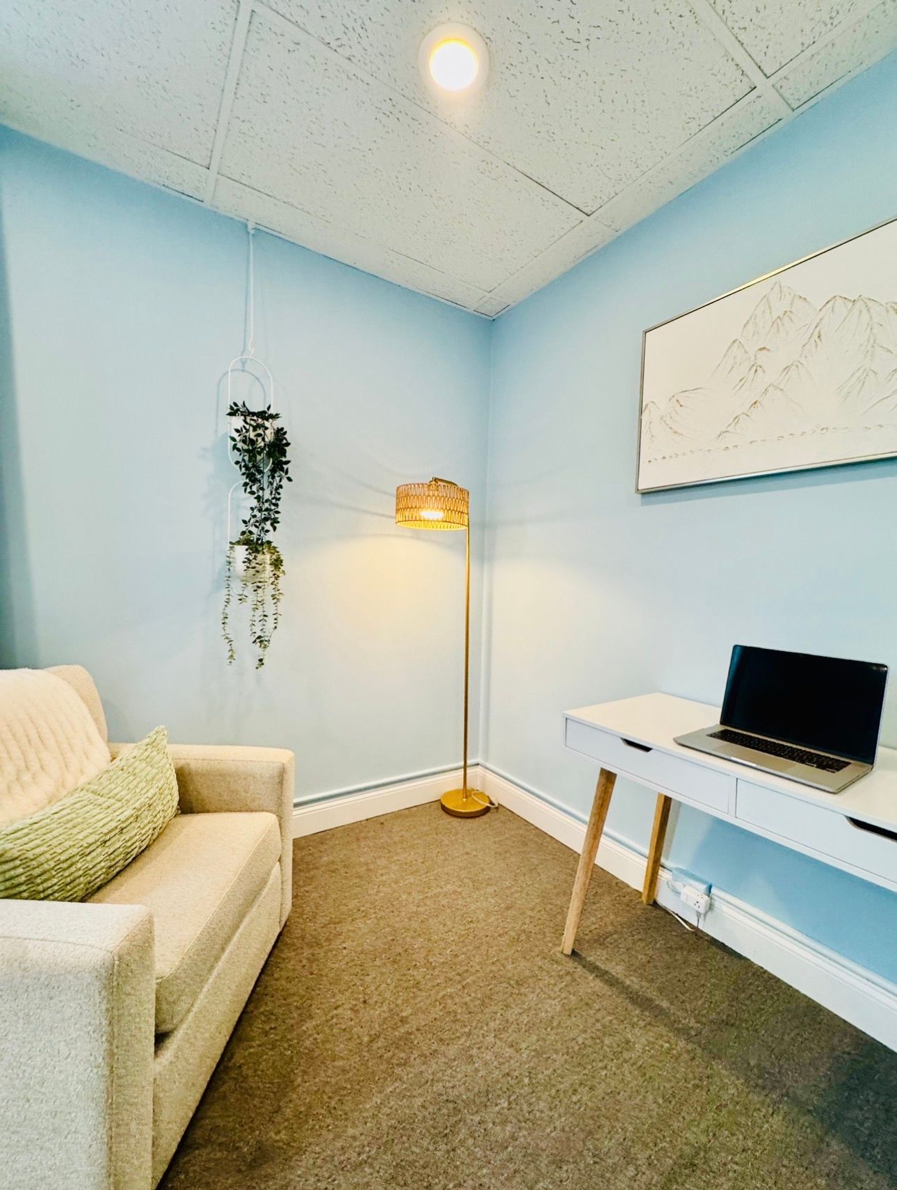 Small light-blue office with sofa, desk, laptop, floor lamp, hanging plant, and white wall art.