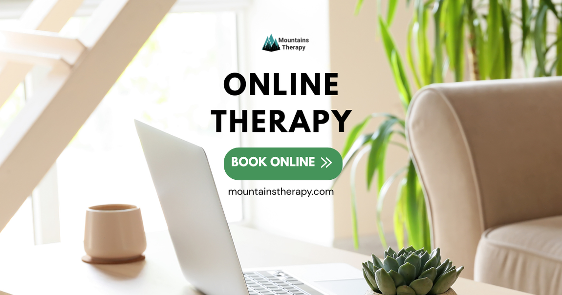 Laptop on table advertising online therapy; 