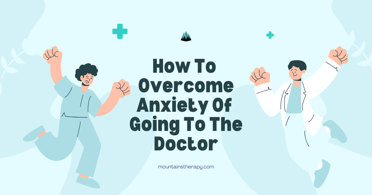 Two doctors cheering with raised fists; text: How To Overcome Anxiety Of Going To The Doctor. Light blue background.