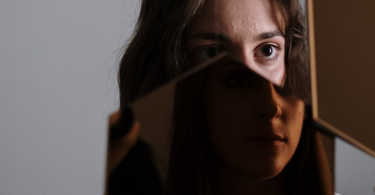 Woman's face split by angular mirror pieces; partial reflection; brown hair; soft lighting; neutral background.