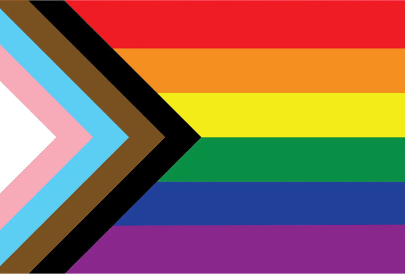 Rainbow progress pride flag with pink, light blue, black, brown, and white chevrons