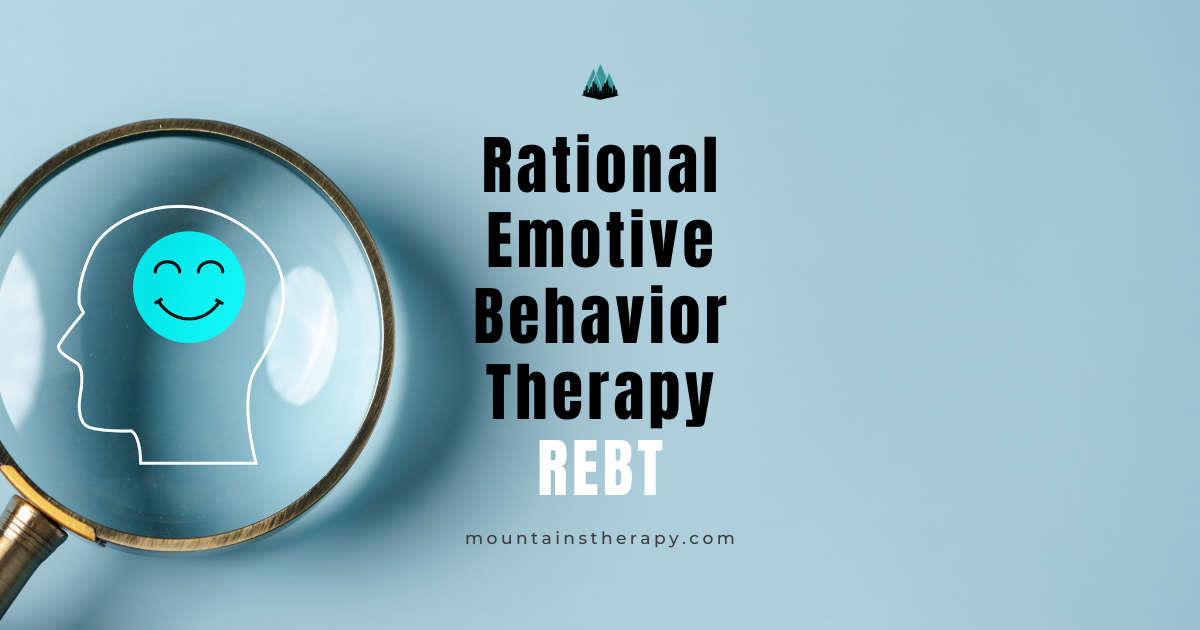 Magnifying glass over head outline with a smiley face. Text: Rational Emotive Behavior Therapy (REBT).