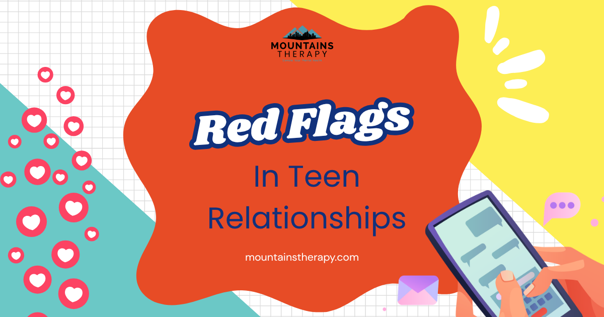 Poster reading “Red Flags in Teen Relationships” on an orange background with phone icons and hearts