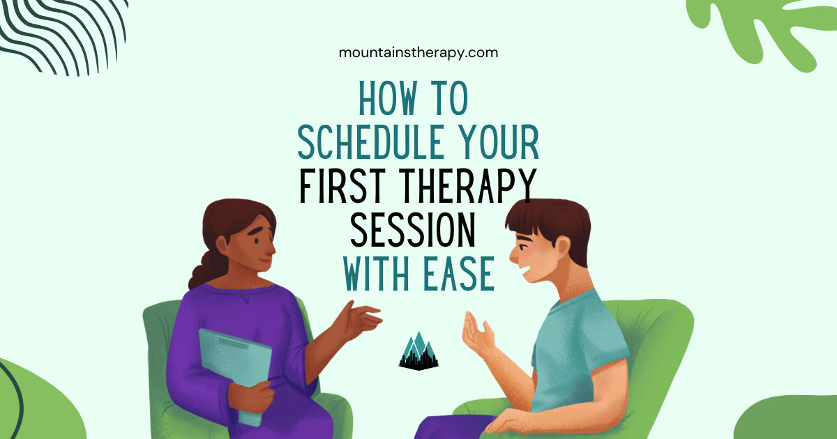Graphic: A therapist talking with a client. Text: 