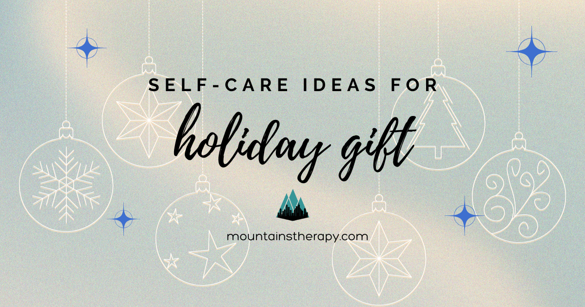 Banner: Self-care holiday gift ideas, text over wintery blue background with ornament illustrations.