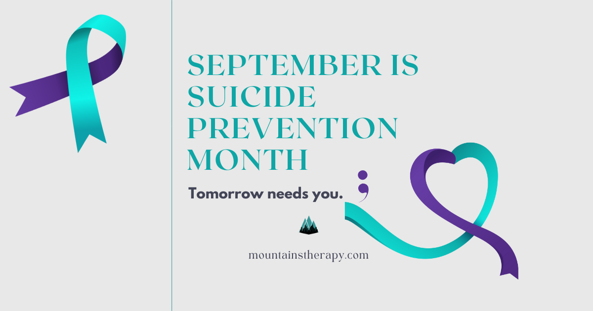 Teal and purple suicide prevention ribbons with text: