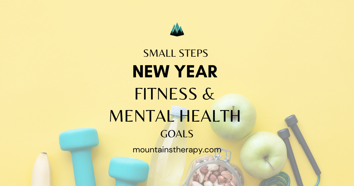 Yellow banner: New Year fitness and mental health goals, dumbbells, apples, jump rope.