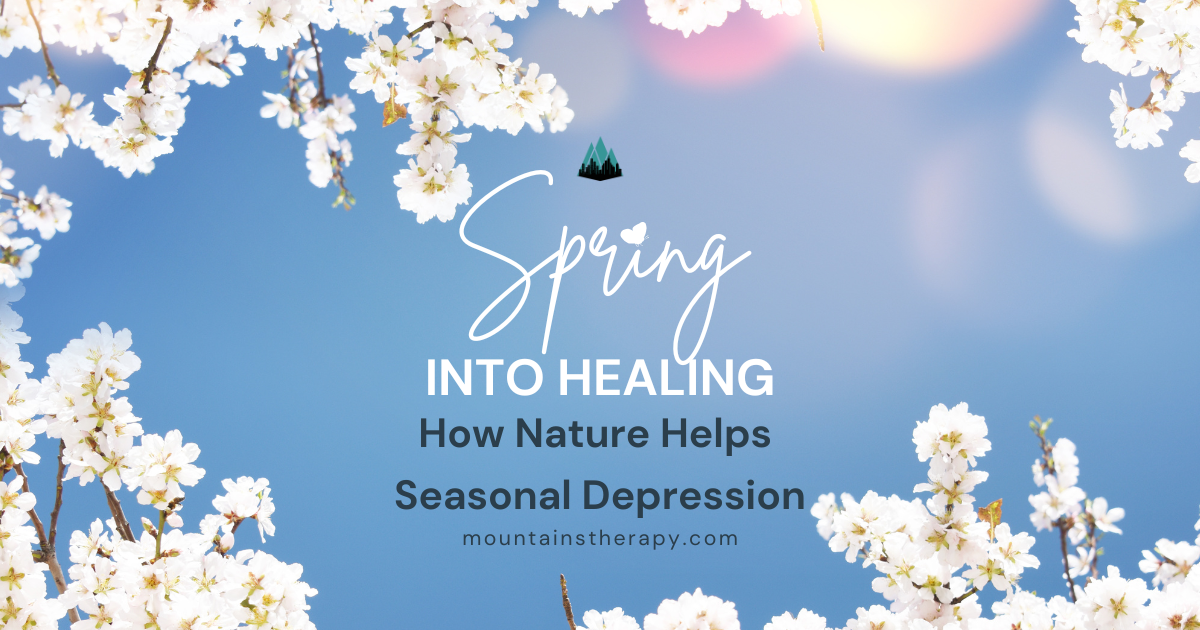 Blue sky background with white blossoms framing text: