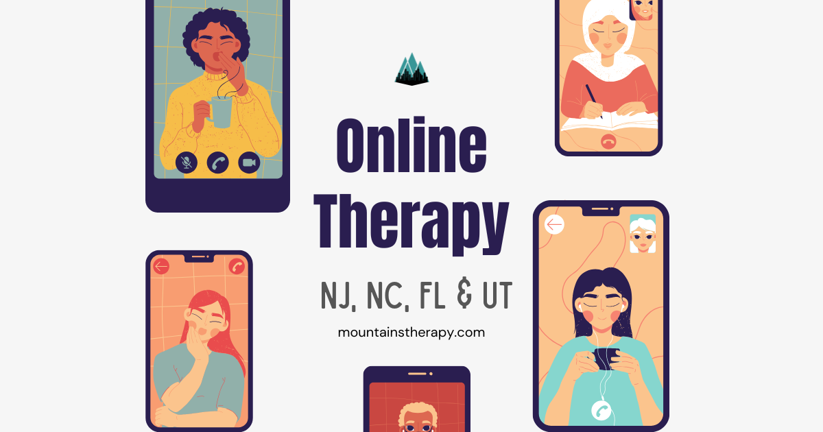 Online therapy ad featuring phone screens with diverse people in sessions; states: NJ, NC, FL & UT.