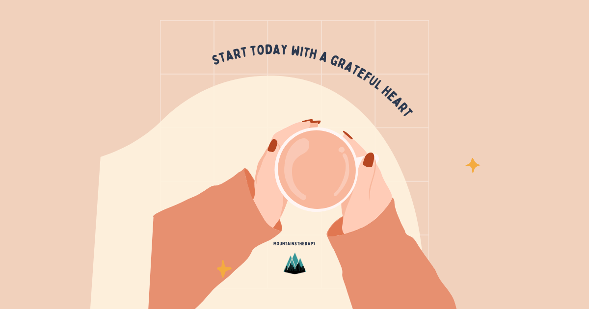 Hands holding a cup, text