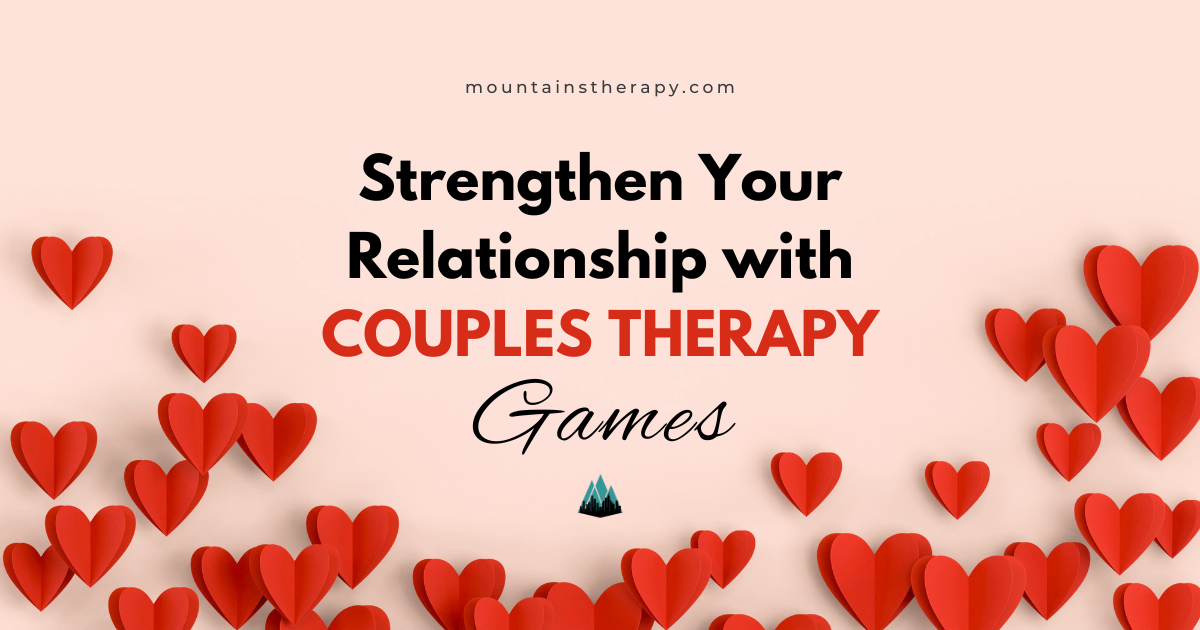 Advertisement for couples therapy games with red paper hearts. Text:
