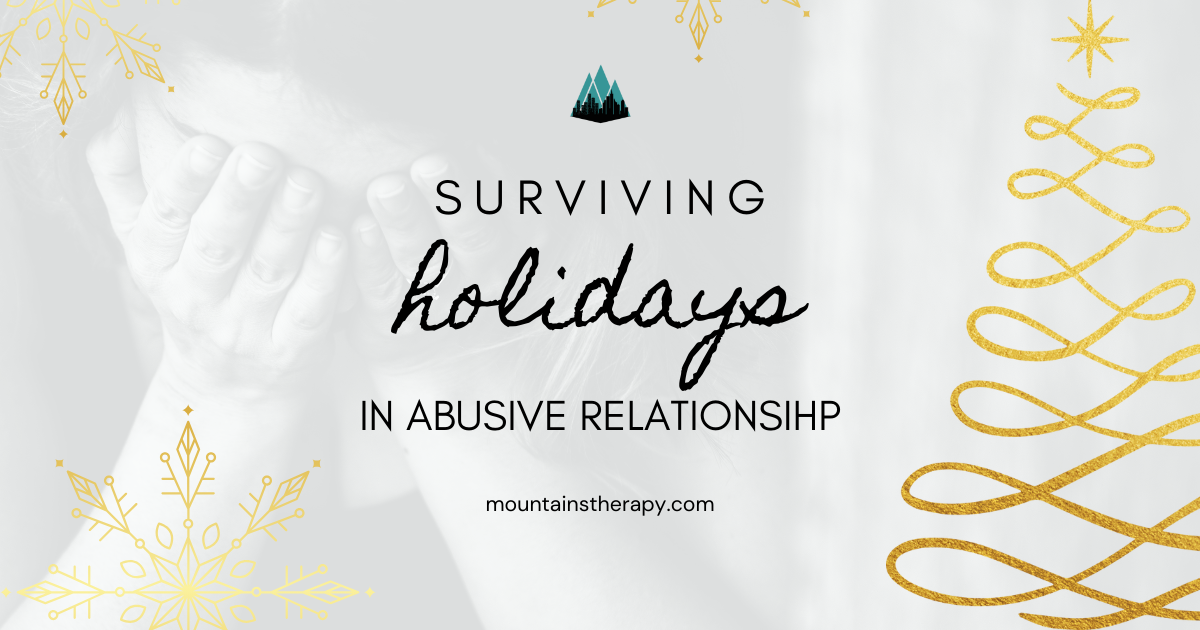 Banner for surviving holidays in an abusive relationship. White, gold accents with text overlay and hand touching another.