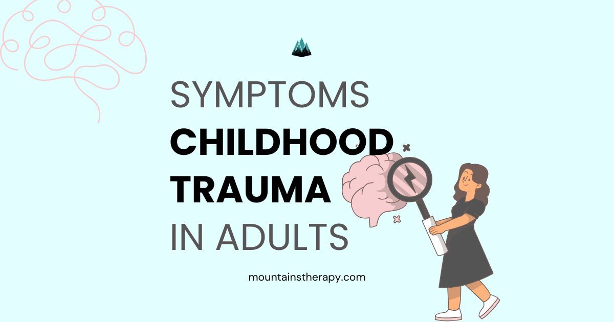 Symptoms of childhood trauma in adults: woman examines a brain with a magnifying glass. Light blue background.