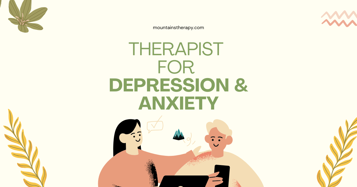 Therapist for Depression & Anxiety: Cartoon people, soft colors, plants, hugging, laptop & phone.