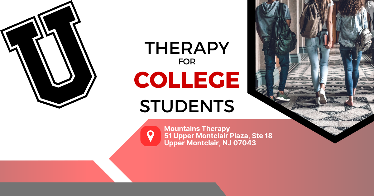 Ad for Mountains Therapy. Black and red design with a U logo and college students walking.