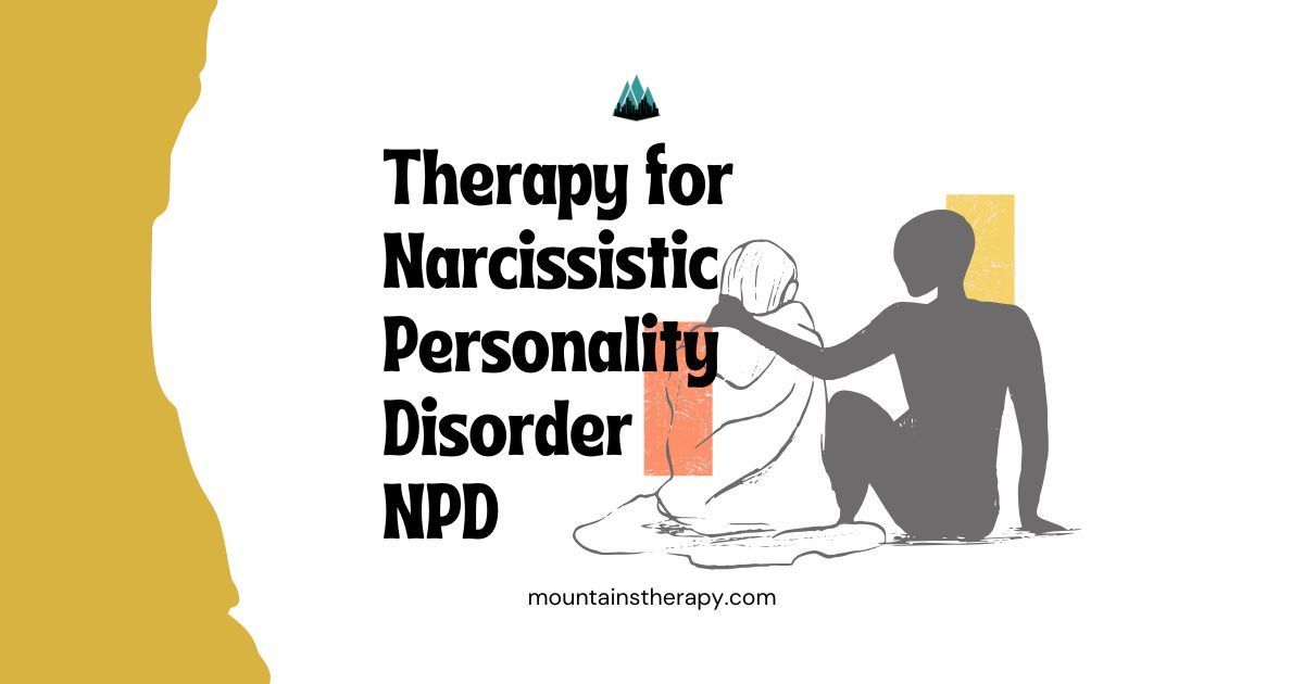 Slide about therapy for Narcissistic Personality Disorder (NPD). Features text, a person comforting another, and shapes.