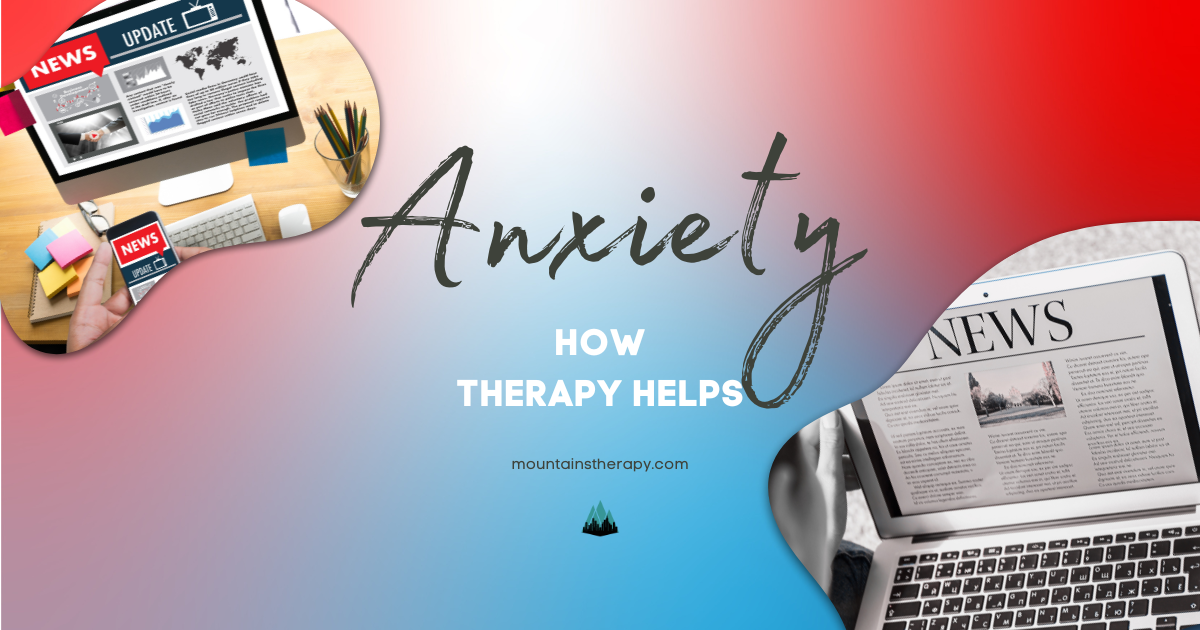 Graphic about anxiety, with news headlines. Red, white, and blue background. Headline: 