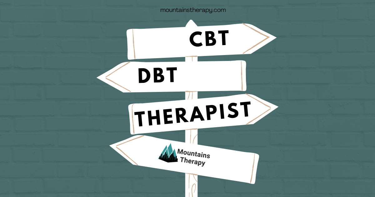 Signpost with arrows: CBT, DBT, Therapist. White signs on wooden post against blue-green background.