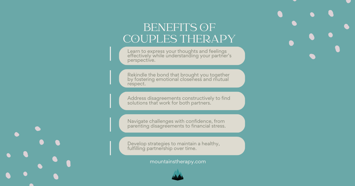 Slide listing benefits of couples therapy on a teal background.