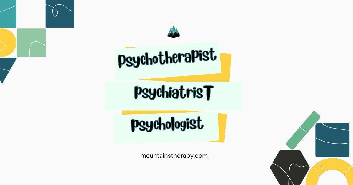 Psychologist, psychiatrist, and psychotherapist listed on a light green background with geometric shapes.