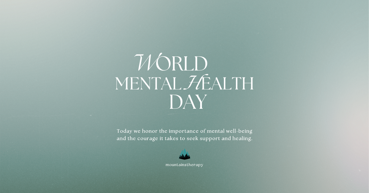 World Mental Health Day graphic with text on a green-toned background, with a reminder to be kind.