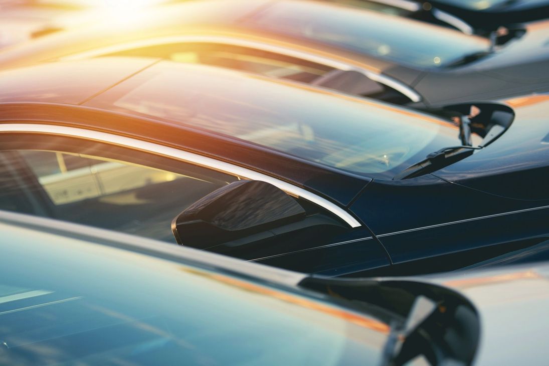 Una fila di eleganti auto nere illuminate dal sole, con tetti lucidi e riflessi, nel piazzale di una concessionaria.