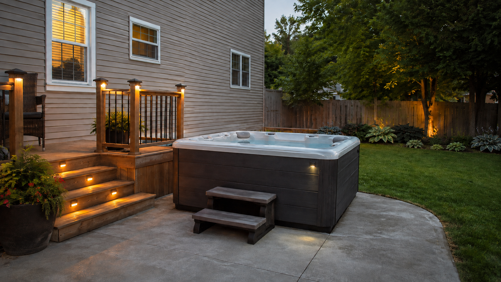 Backyard pool edge with pump, hoses, and control box beside a house and fence
