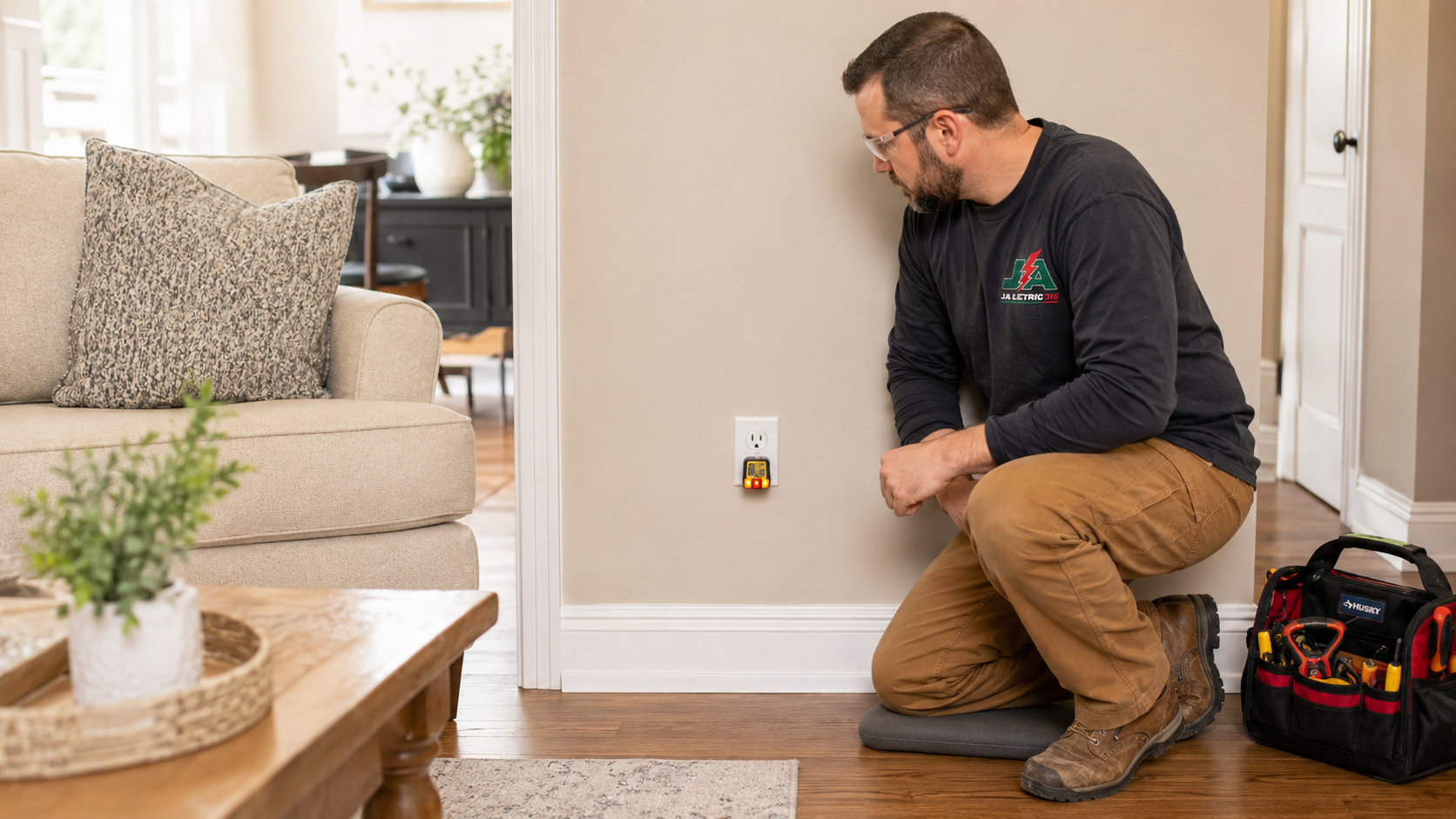 Close-up of a wooden floor corner with a wall outlet, baseboard, and a small object on the floor.