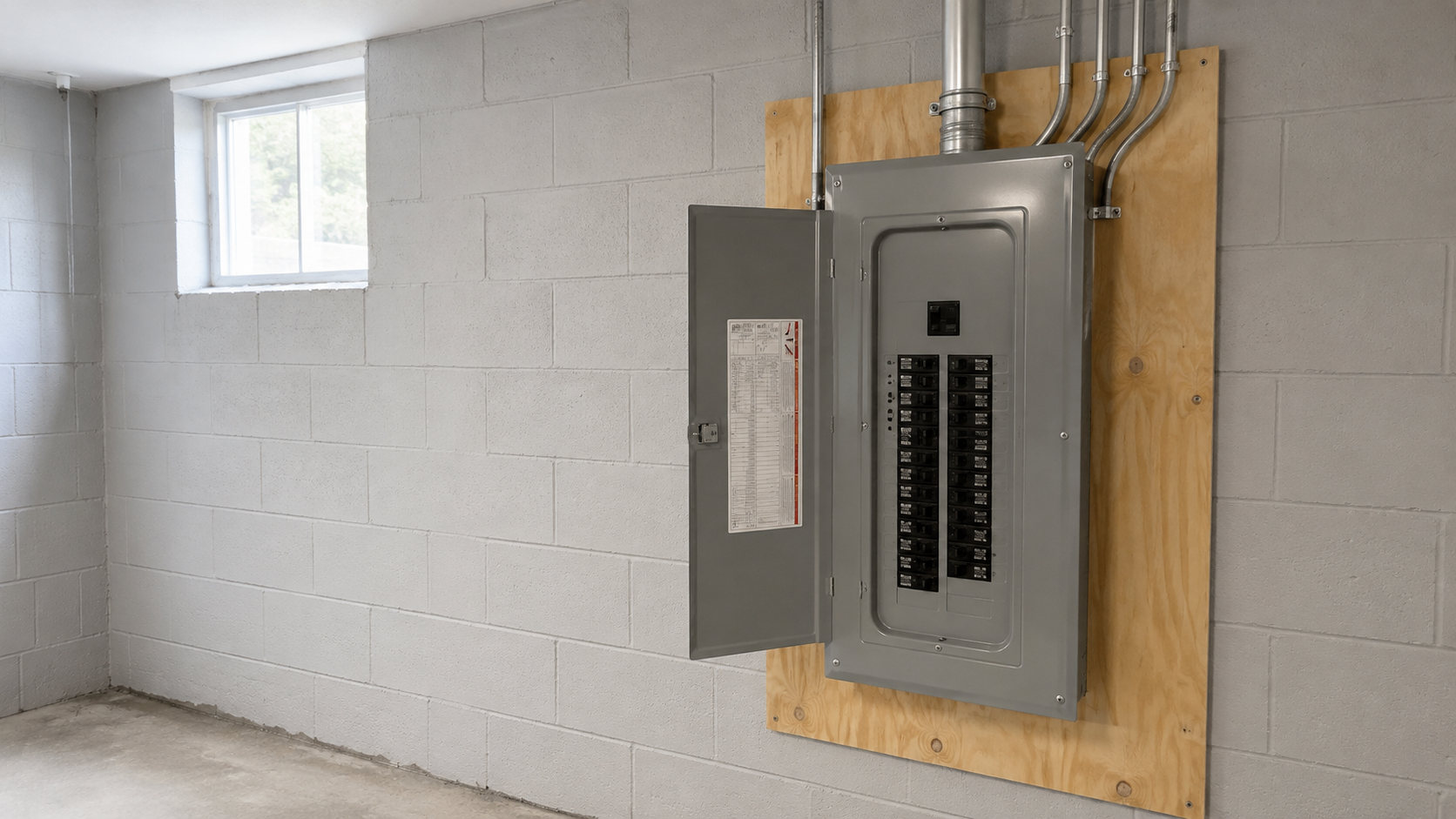 Electrical meter and breaker panel with tangled wires in a utility room