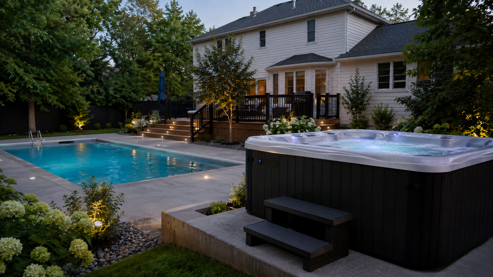 Pool equipment and tools beside an in-ground pool on a concrete pad, with a house in the background.