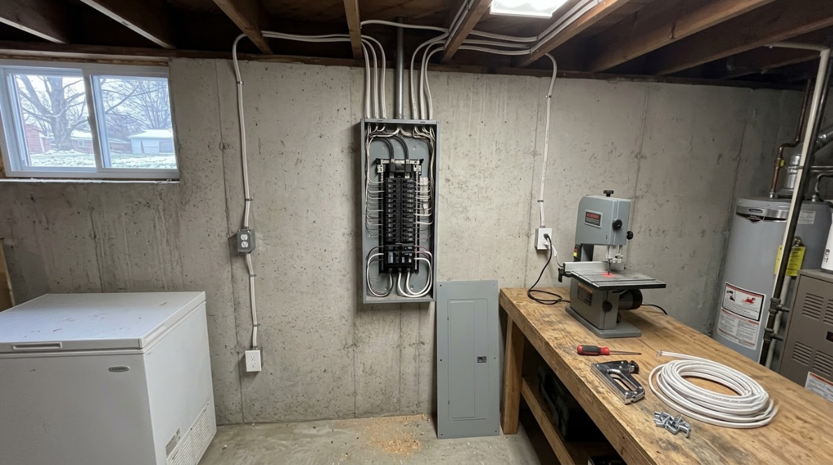 Basement utility room with electrical panel, freezer, workbench, and exposed wiring under a low ceiling