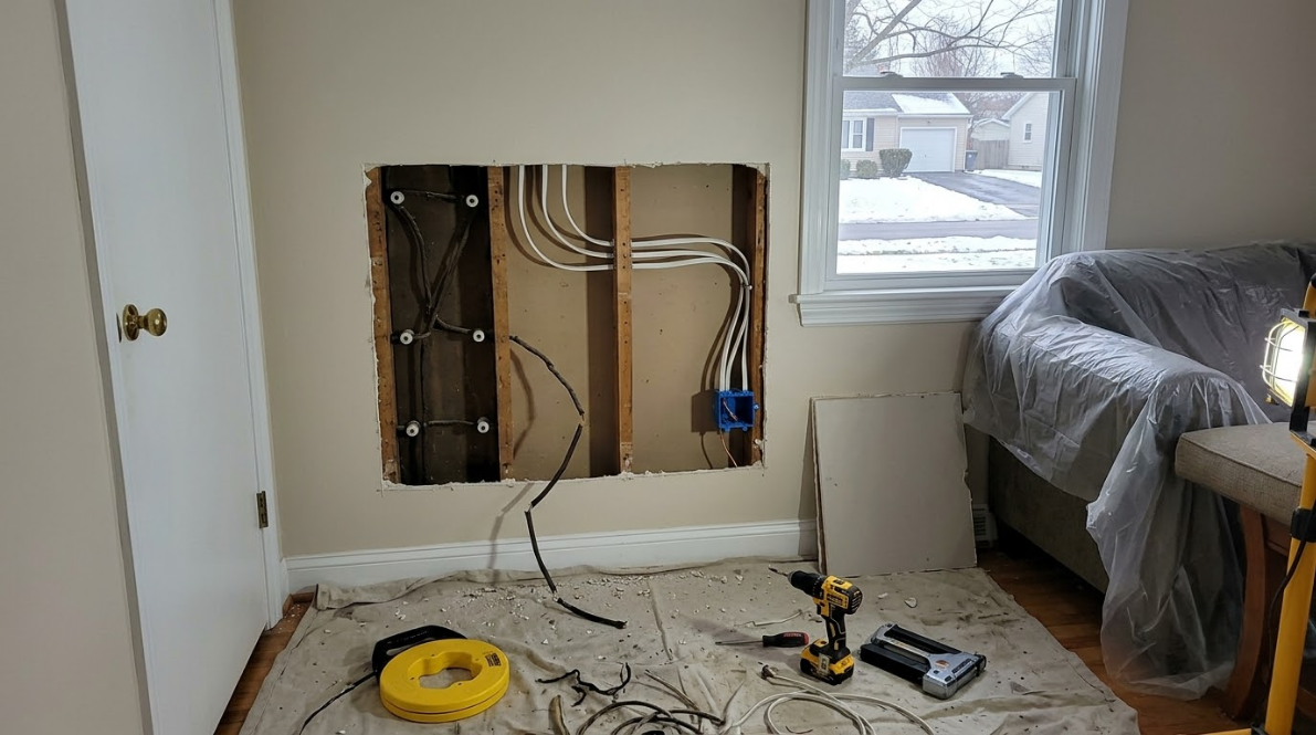 Open wall with exposed wiring and tools on a floor in a bedroom