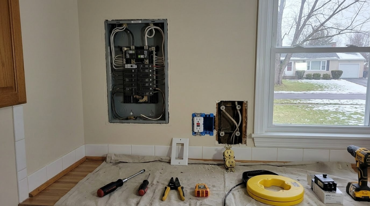 Kitchen wall with open electrical panels and tools laid out on a cloth by a window.