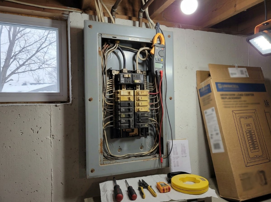 Open electrical breaker panel in a basement with tools and cardboard boxes nearby