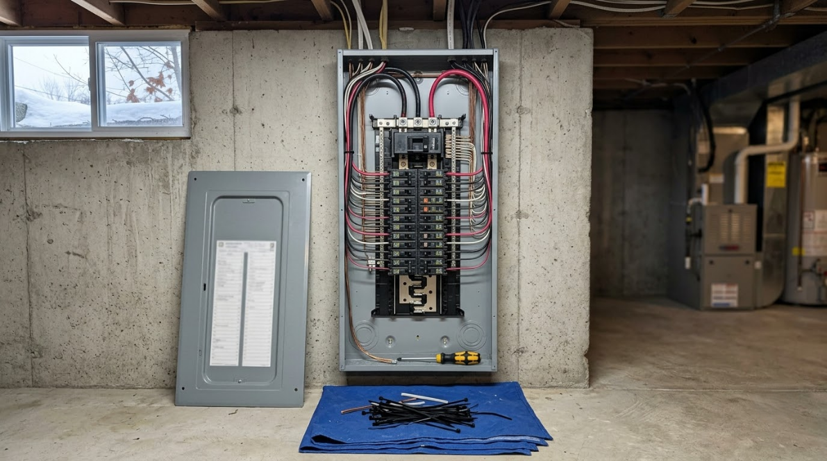 Open electrical panel with exposed wiring beside a detached gray panel in a basement-like utility room