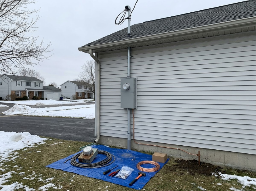 Blue tarp with tools and coiled cable beside a house’s electrical meter on snowy ground.