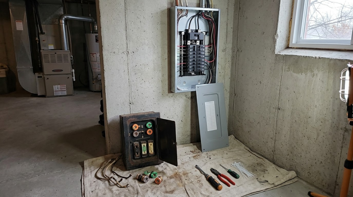 Electrical panel work area with tools laid out on a cloth in an unfinished room near a window.