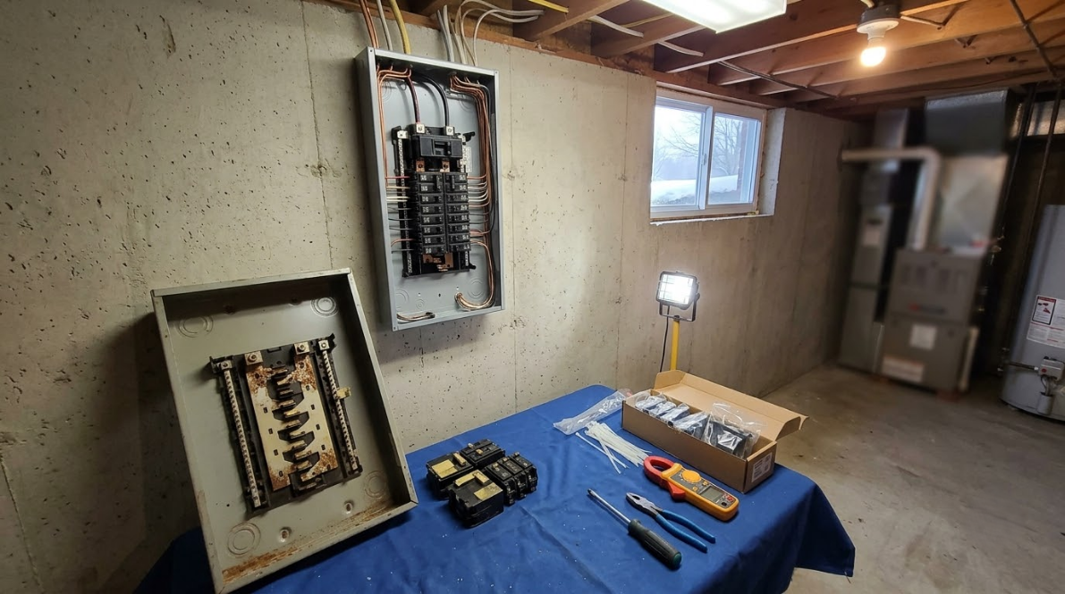 Electrical panel and tools on a blue table in a basement under renovation, with exposed ceiling and window.