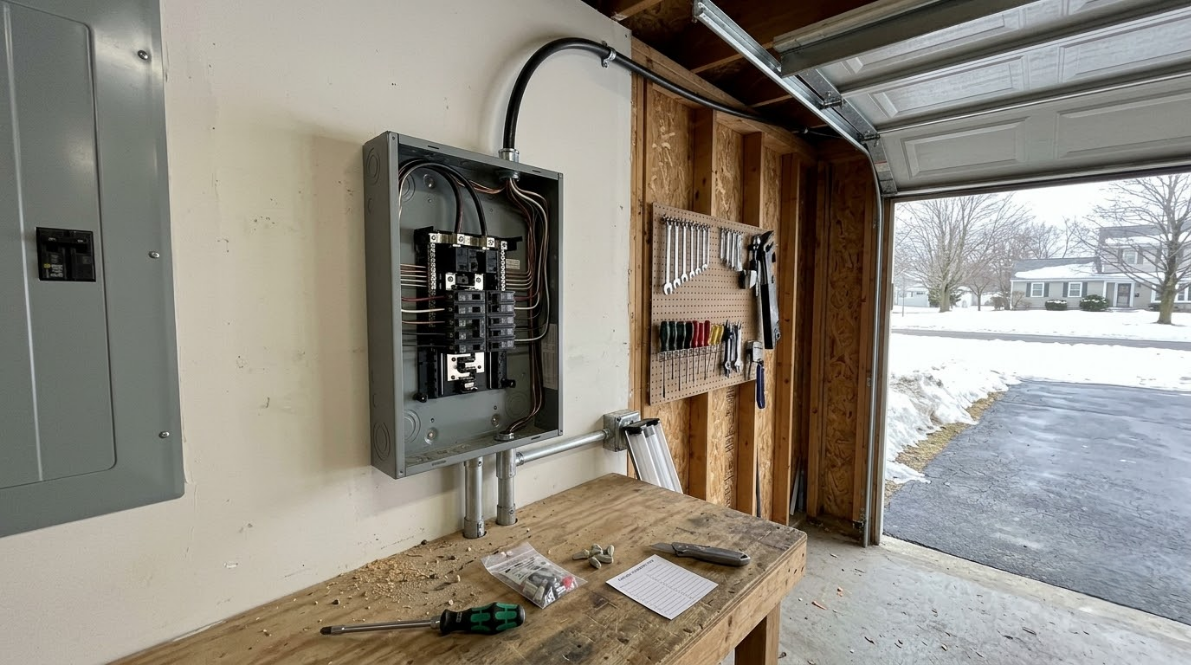 Garage workspace with open electrical panels, tools on a workbench, and an open doorway to the snowy outdoors