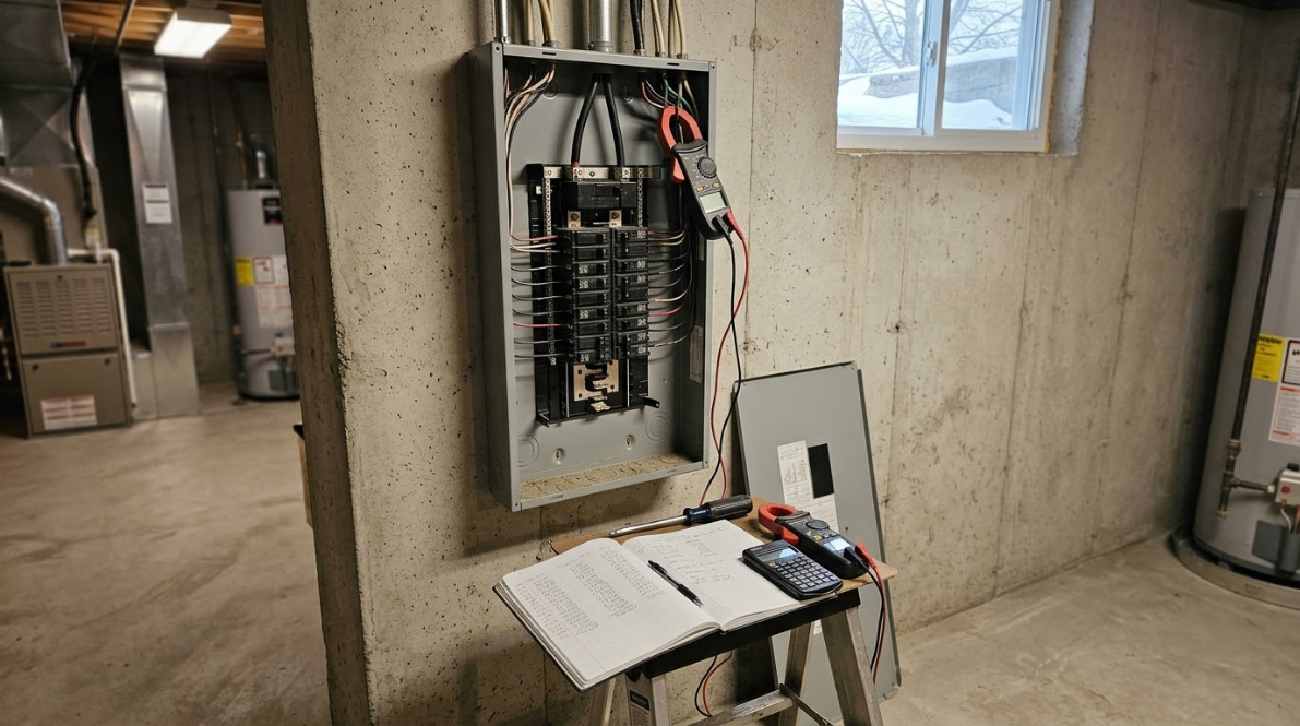 Electrical panel in unfinished room with a clipboard on a folding table and a small window nearby
